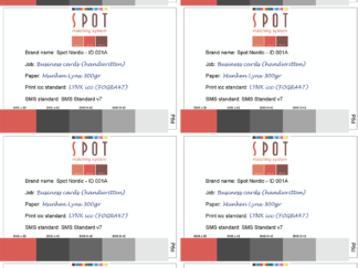 P6U: ISO certified SMS brand colour tickets printed on uncoated (U), white substrate, 8 up (A4+)